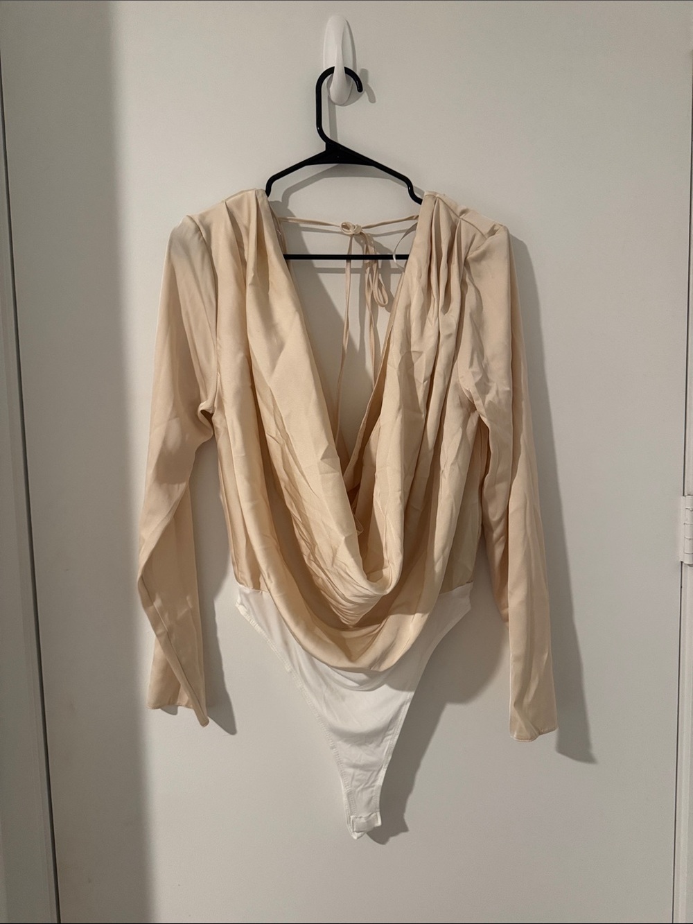 ASOS Draped V-Neck Long Sleeve Bodysuit in Cream and White